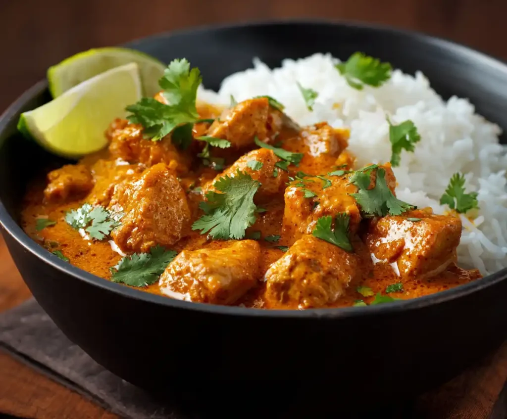 Instant Pot chicken curry served with rice and fresh cilantro