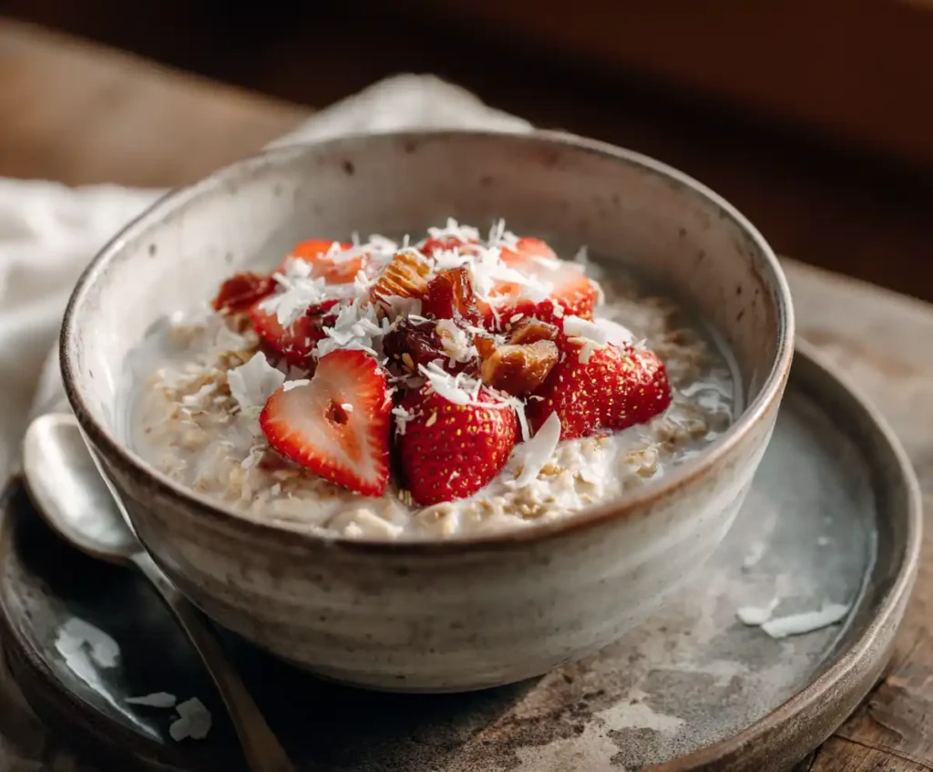 Instant Pot oatmeal topped with strawberries, dates, coconut, and flaxseed