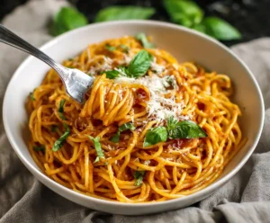 Instant Pot spaghetti with meat sauce served in a bowl with basil and Parmesan