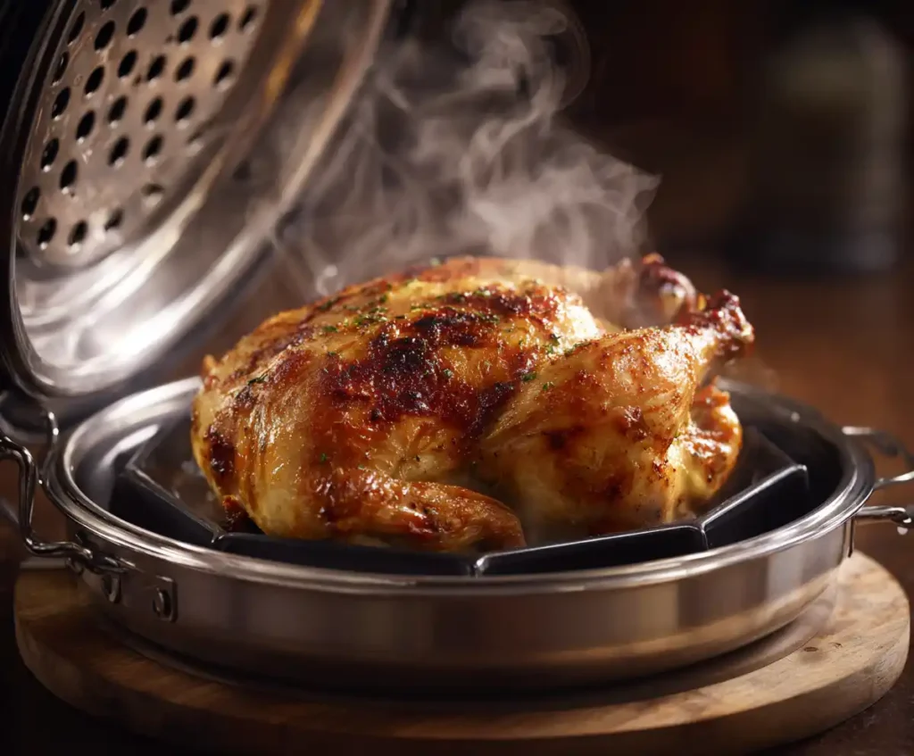 Juicy golden whole chicken cooked in pressure cooker