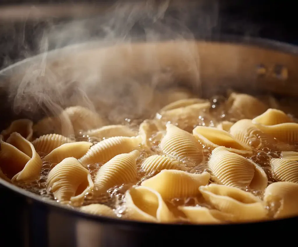 Jumbo pasta shells cooking in boiling salted water for stuffed shells
