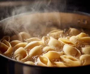 Jumbo pasta shells cooking in boiling salted water for stuffed shells