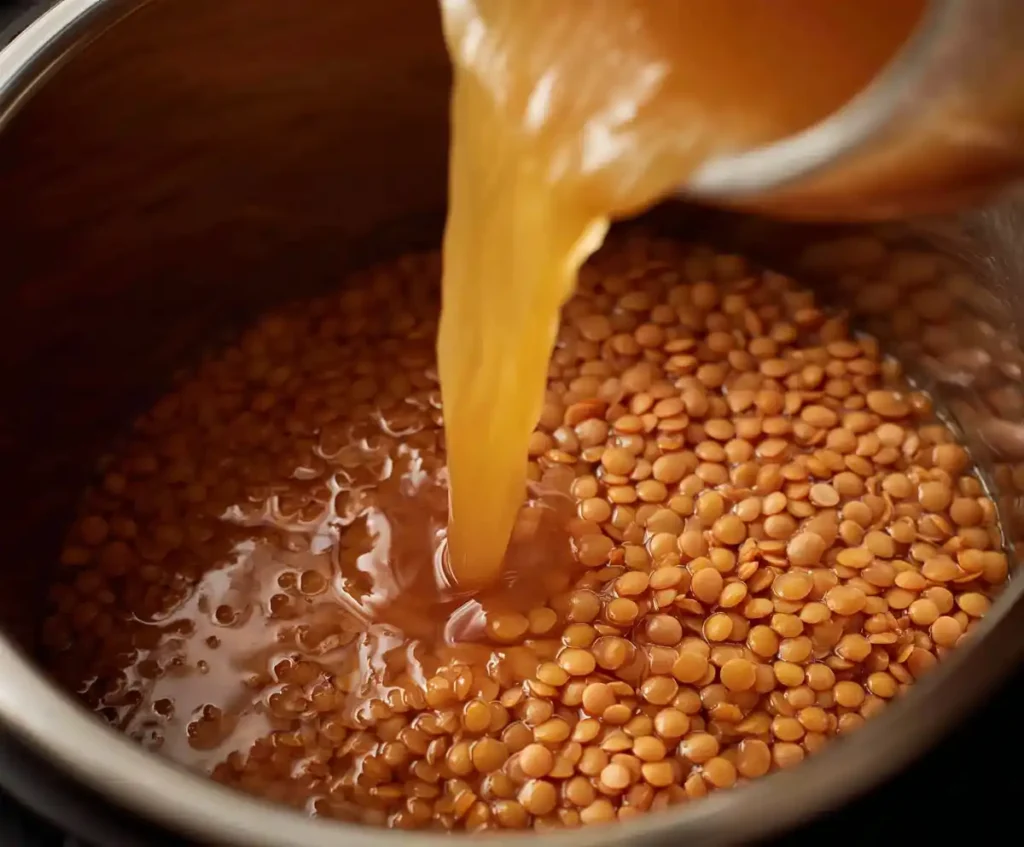 Lentils and broth added to Instant Pot for soup base