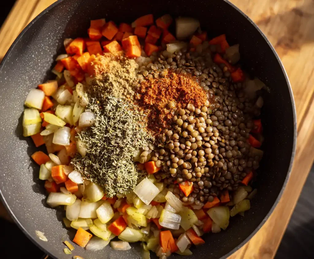 Lentils and spices added to vegetables in pressure cooker