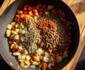 Lentils and spices added to vegetables in pressure cooker