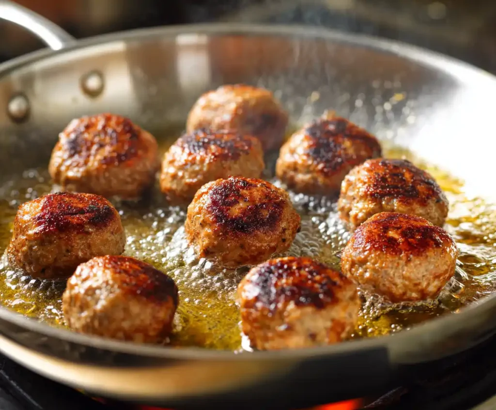 Meatballs searing in skillet before slow cooking