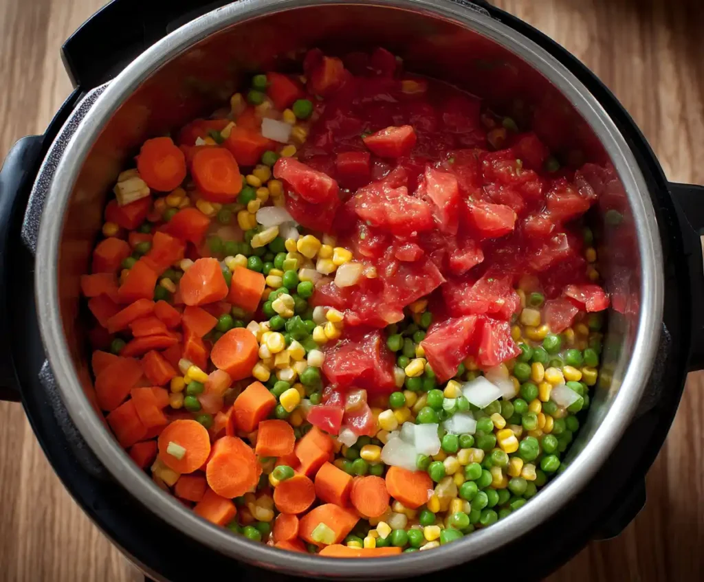Mixed vegetables and diced tomatoes added to pressure cooker pot