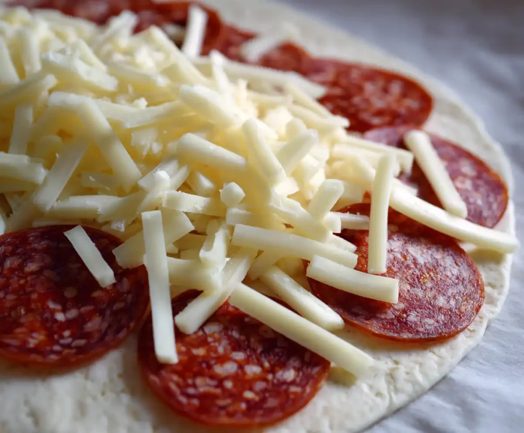 Mozzarella and pepperoni on tortilla for homemade pizza roll filling