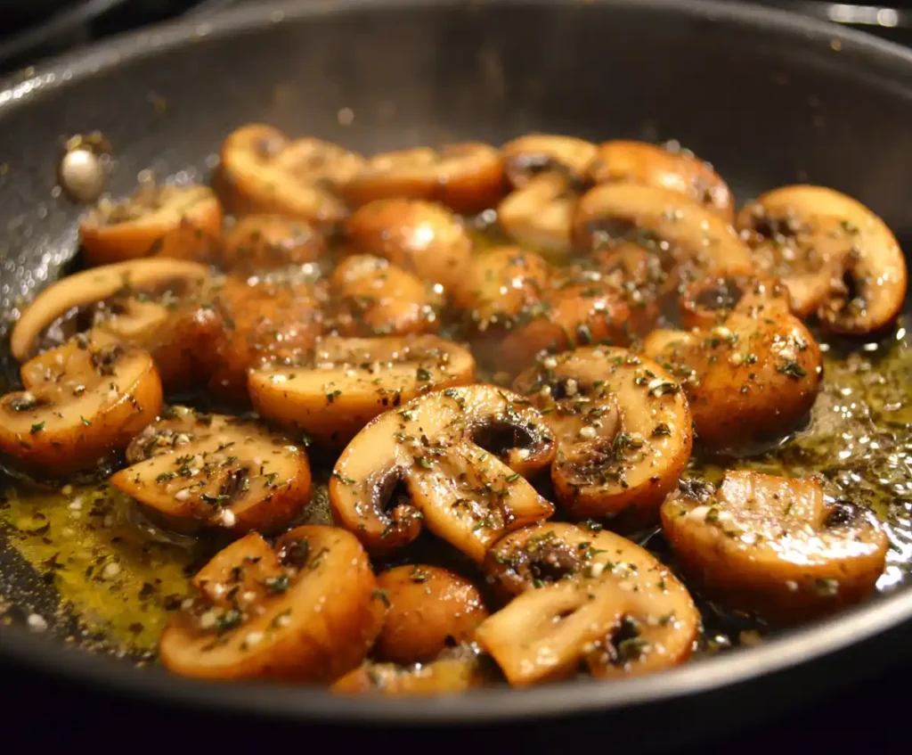 Mushrooms sautéing in skillet with butter for creamy mushroom pasta