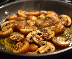Mushrooms sautéing in skillet with butter for creamy mushroom pasta