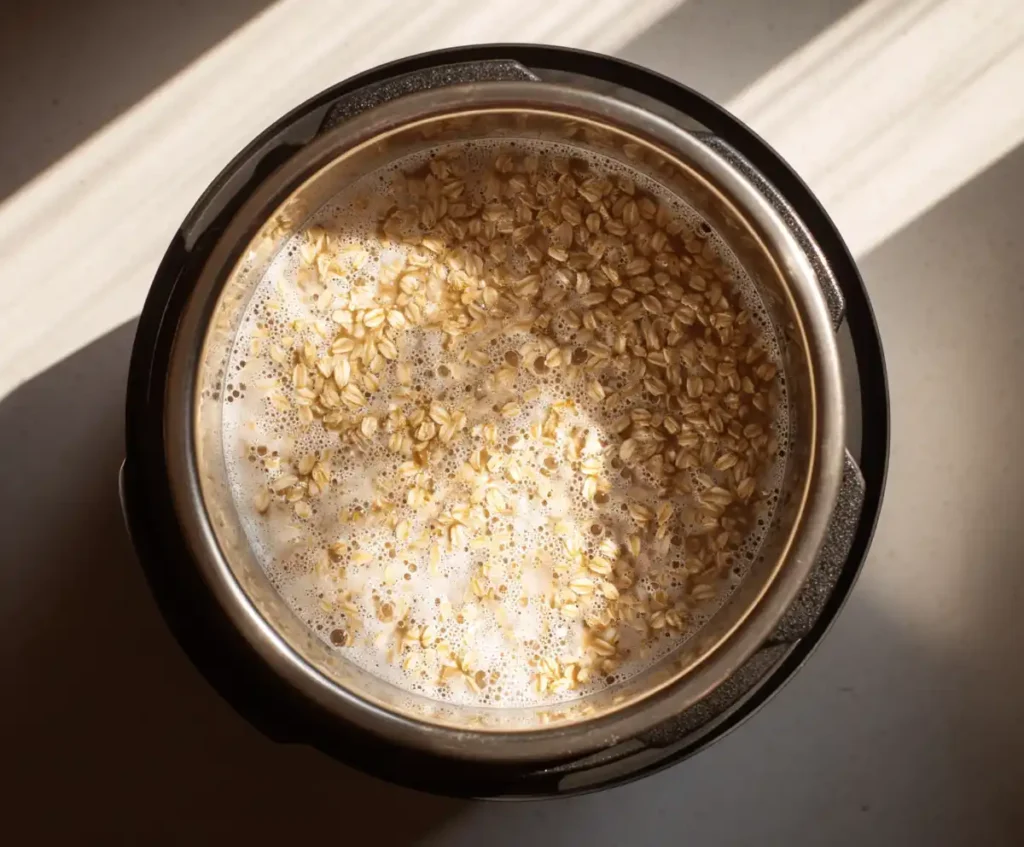 Oats, milk, and water inside Instant Pot before pressure cooking oatmeal