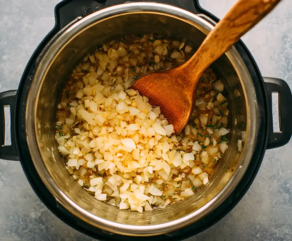 Onion and garlic sautéing in Instant Pot for spaghetti with meat sauce