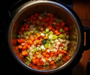 Onion, carrots, celery, and garlic sautéing in pressure cooker