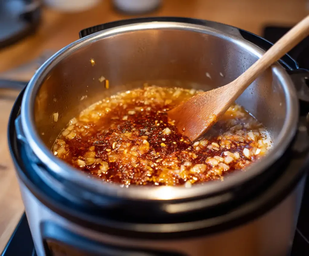 Onion, garlic, and tomato paste sautéing in pressure cooker for pot roast