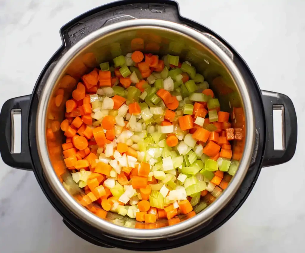 Onion, garlic, celery, and carrot sautéing in pressure cooker for vegetable soup