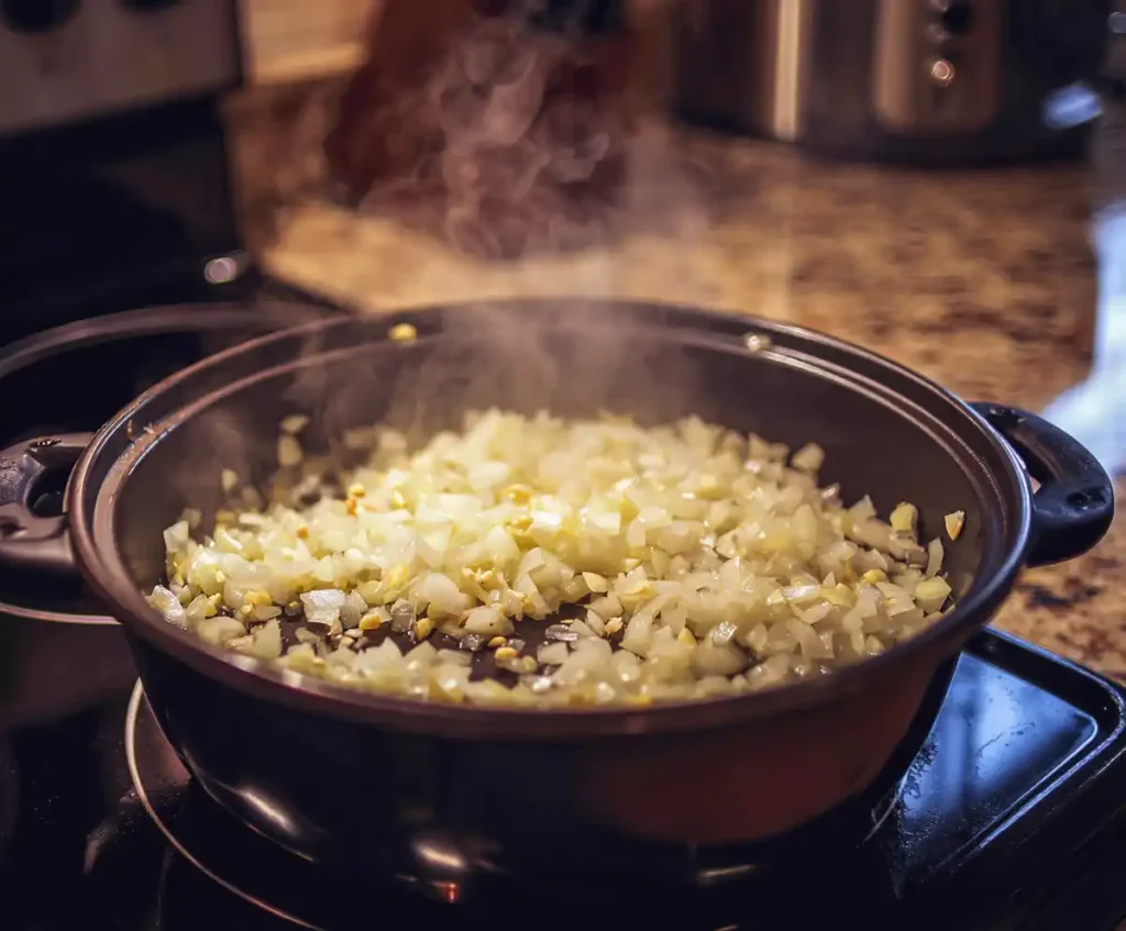 Onions and garlic sautéing in pressure cooker for pork chops
