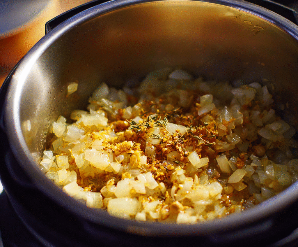 Onions, garlic, and ginger sautéing in Instant Pot for chicken curry