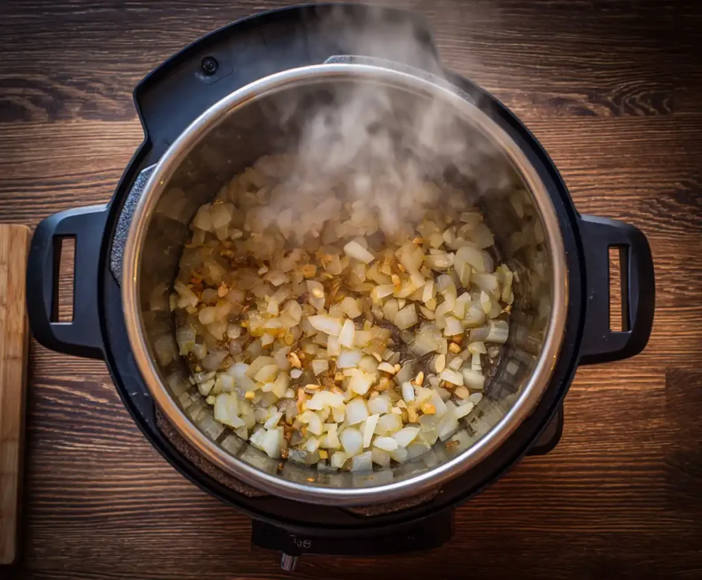 Onions, garlic, and ginger sautéing in pressure cooker for curry base