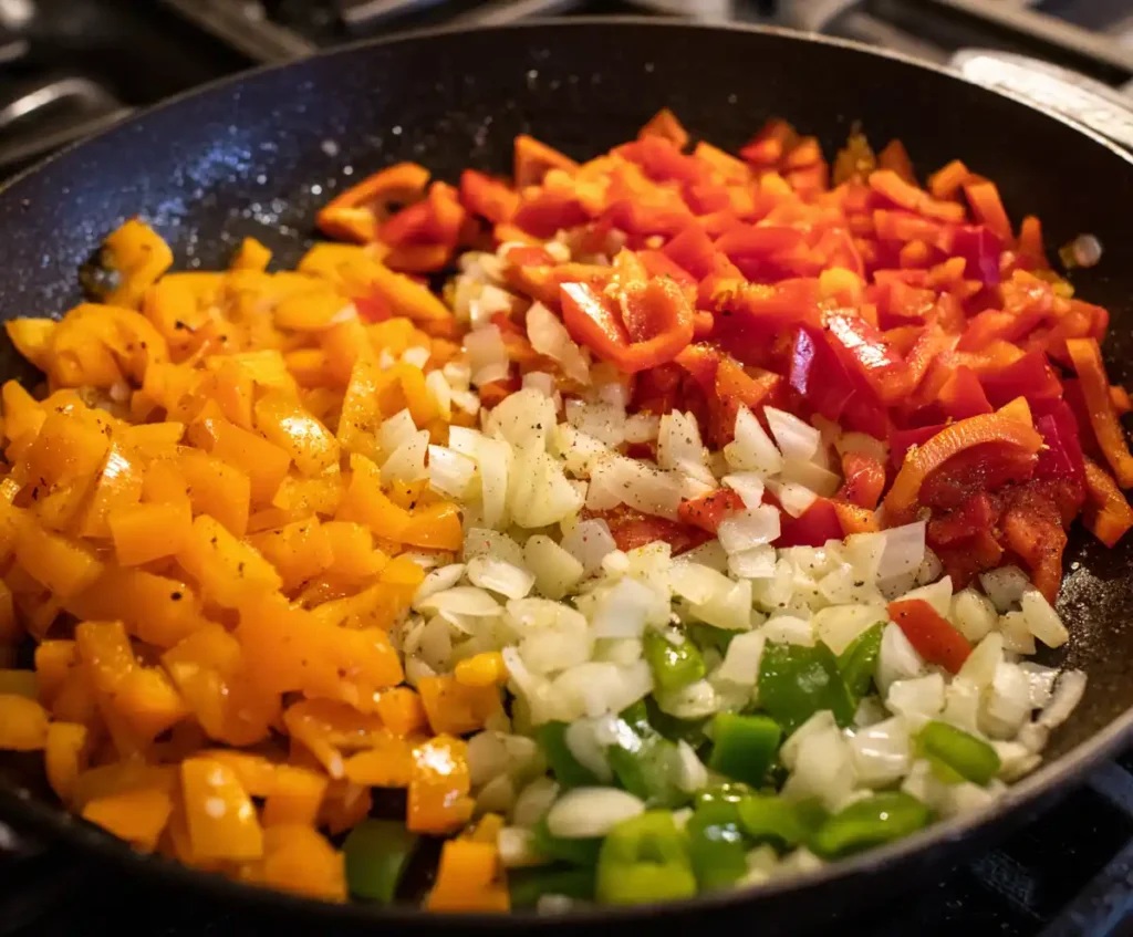 Onions, garlic, and peppers sautéing in skillet for pasta sauce