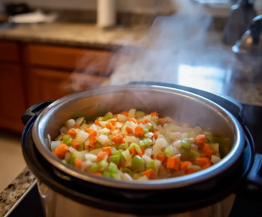 Onions, garlic, carrots, and celery sautéing in pressure cooker for lentil soup