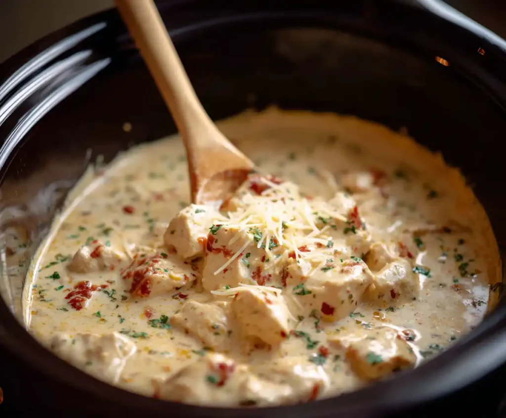 Parmesan cheese stirred into creamy chicken alfredo sauce