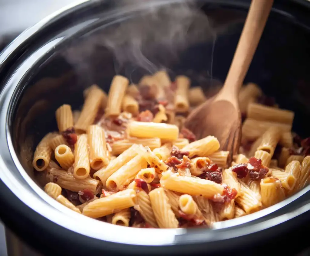 Pasta added into slow cooker of minestrone soup near end of cooking