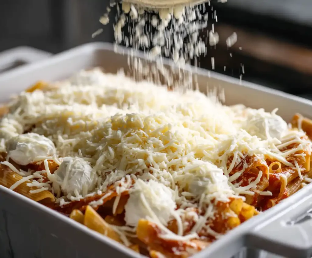 Pasta and mozzarella layered in baking dish for Chicken Parmesan Pasta Bake