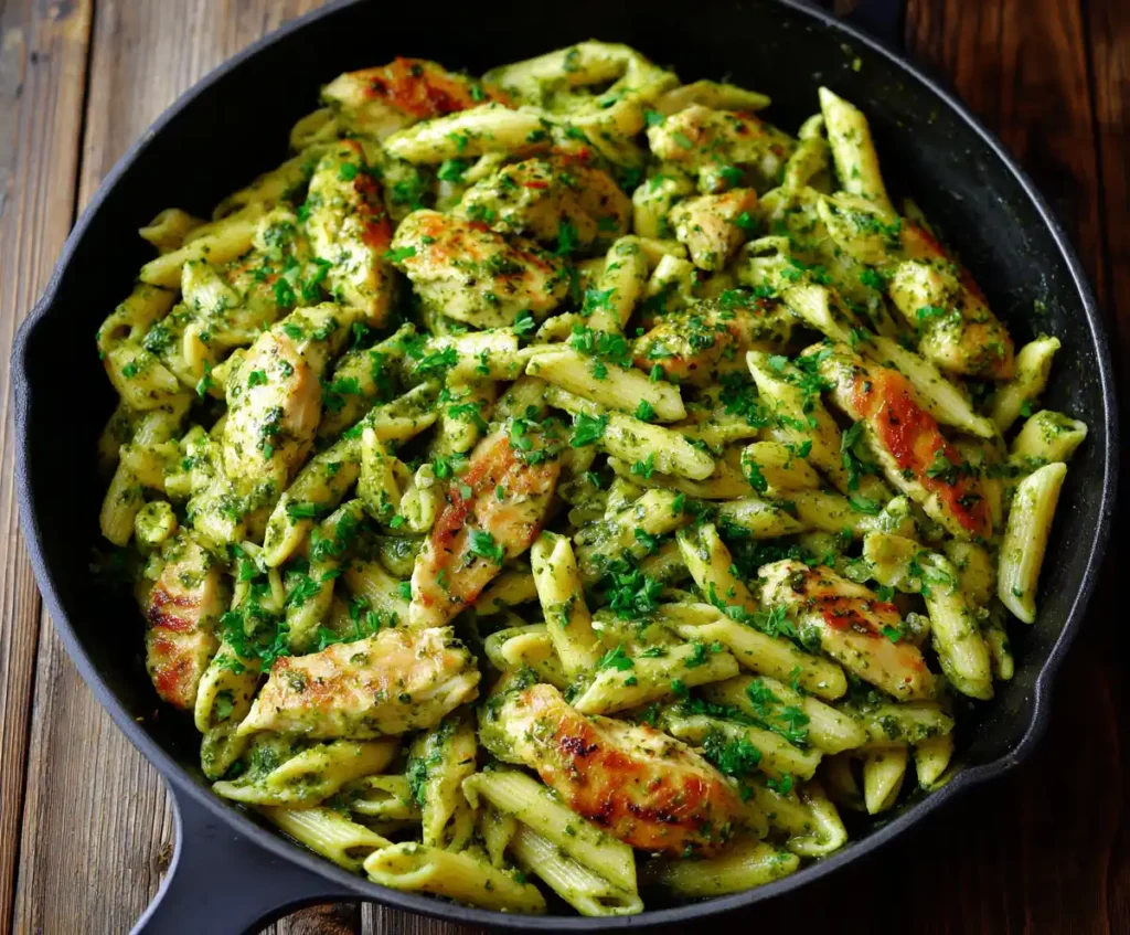 Pasta and pesto mixing with chicken in skillet for creamy pasta dish