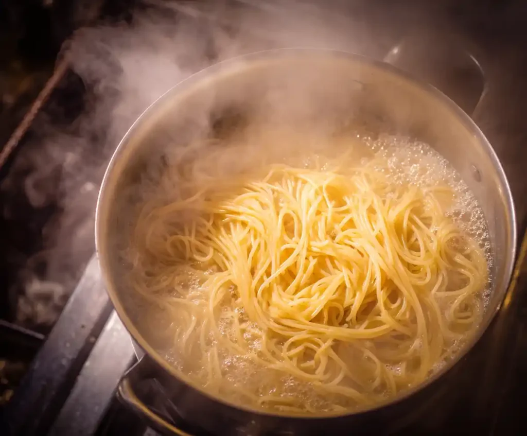 Pasta boiling in salted water for creamy mushroom pasta recipe