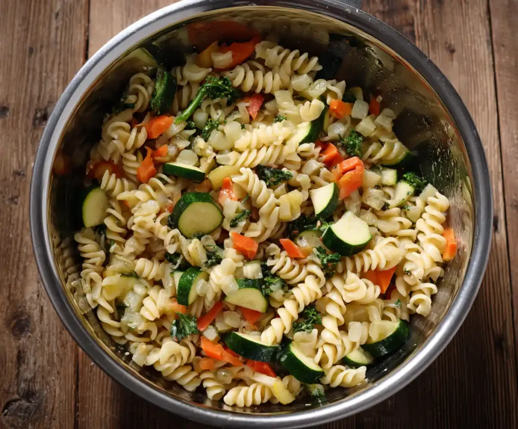 Pasta mixed with fresh vegetables in a large bowl