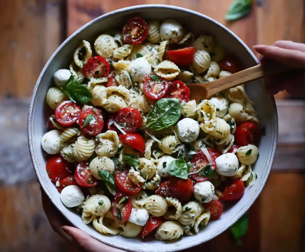 Pasta, mozzarella, tomatoes, and basil tossed in salad bowl