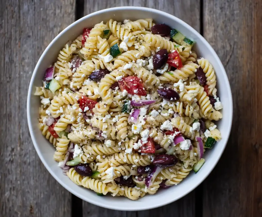 Pasta salad topped with feta and olives