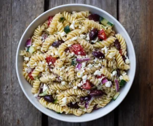 Pasta salad topped with feta and olives