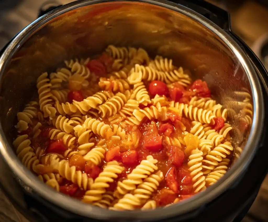 Pasta, tomatoes, and broth added to pressure cooker before cooking