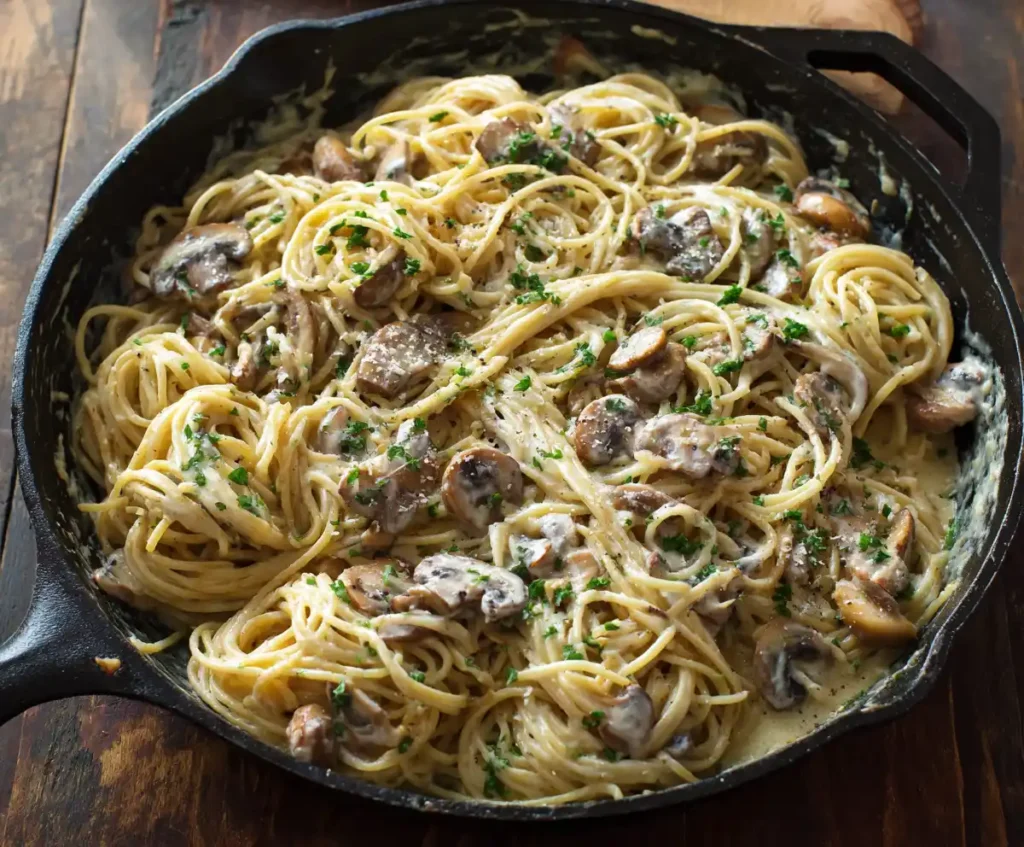 Pasta tossed in creamy mushroom sauce in skillet