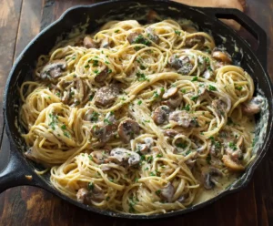 Pasta tossed in creamy mushroom sauce in skillet