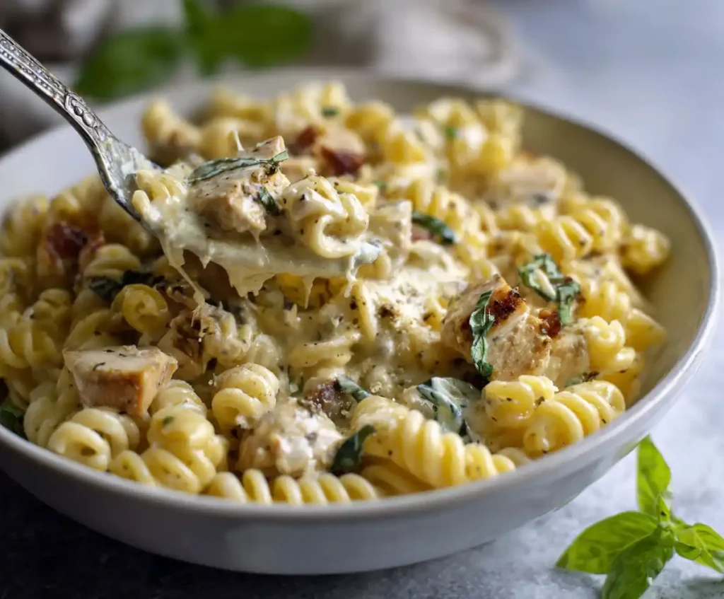 Pasta tossed with creamy chicken alfredo sauce in serving bowl