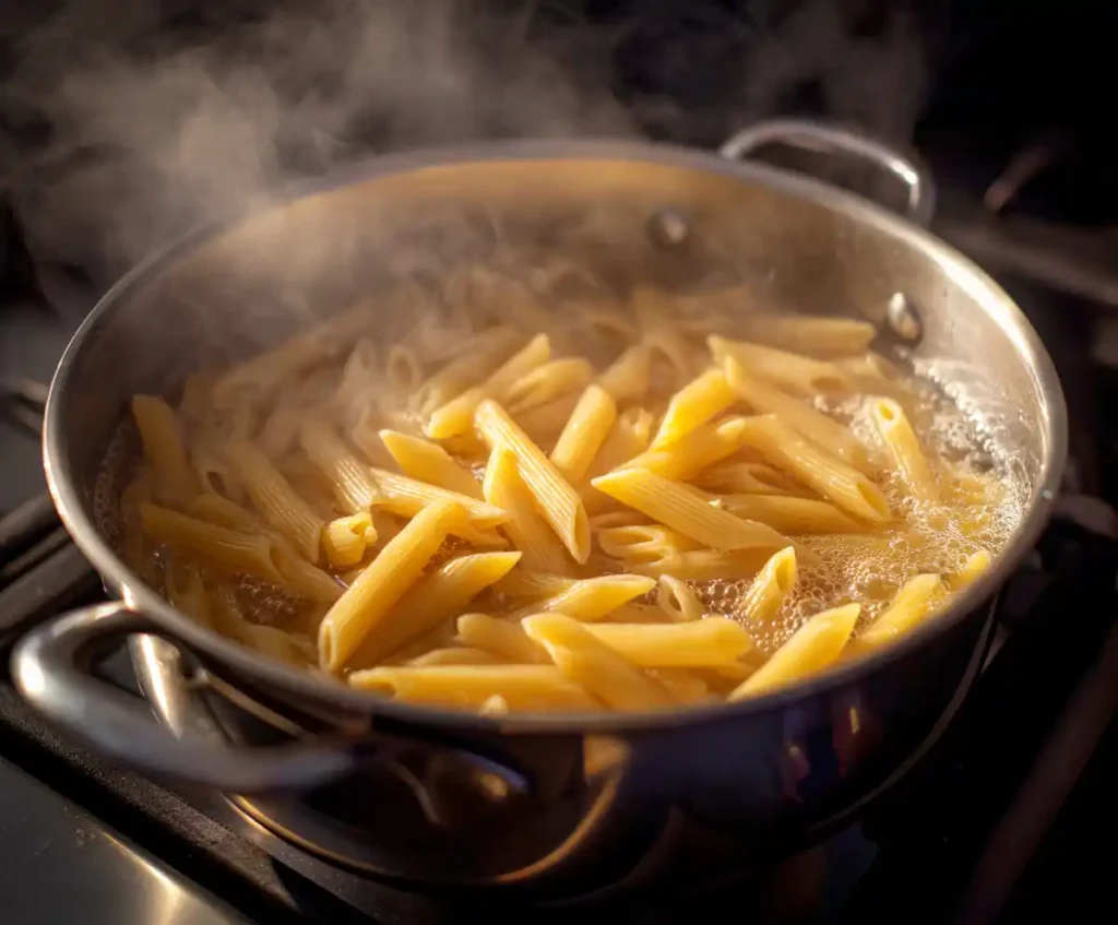 Penne pasta boiling in salted water for Cajun Chicken Pasta