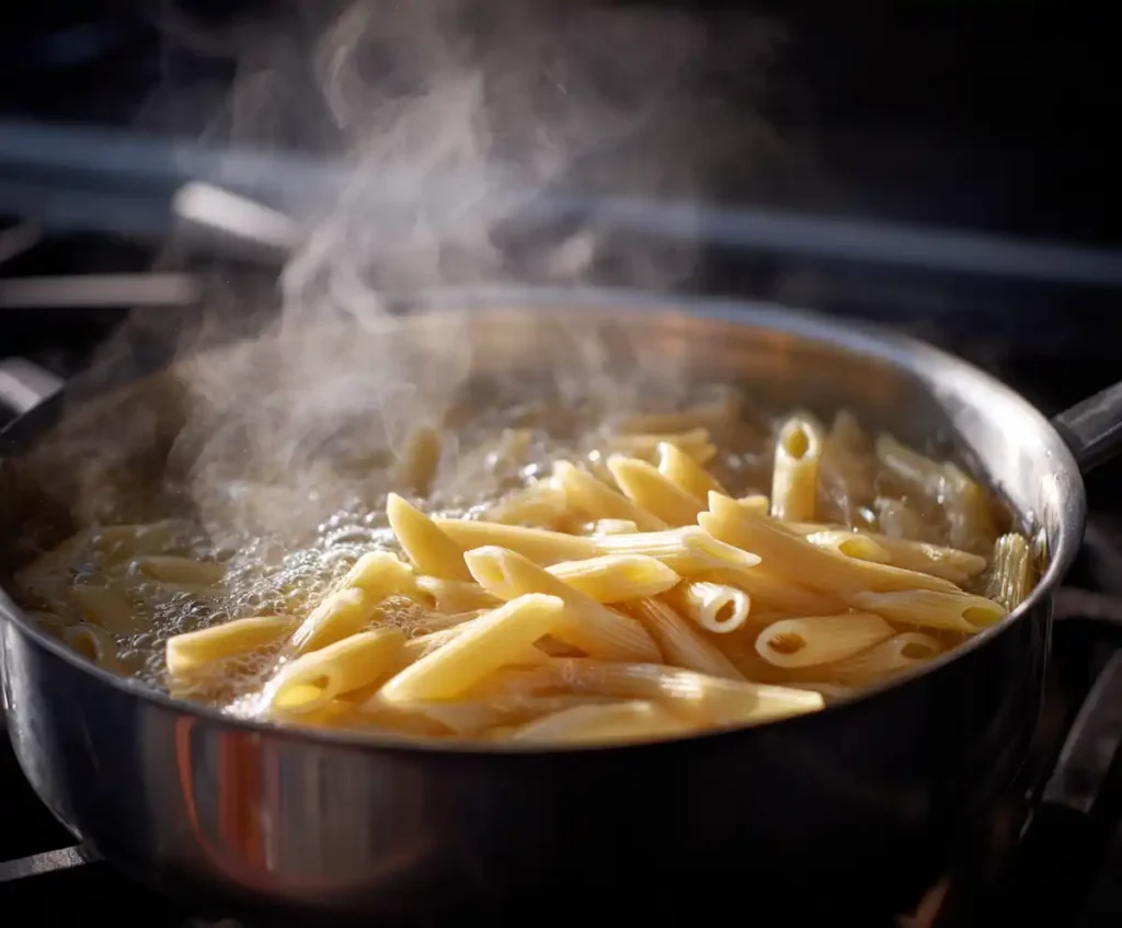 Penne pasta boiling in salted water for pesto chicken pasta recipe