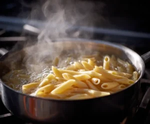 Penne pasta boiling in salted water for pesto chicken pasta recipe