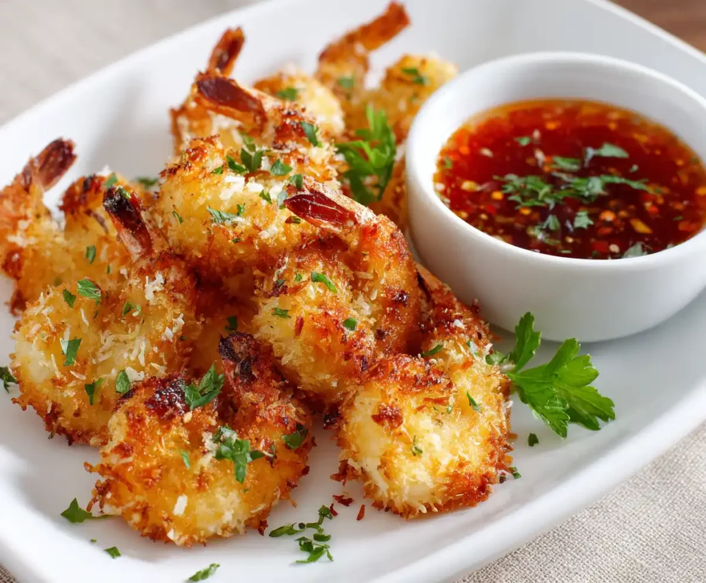 Plate of crispy coconut shrimp with sweet chili dipping sauce