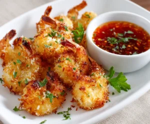 Plate of crispy coconut shrimp with sweet chili dipping sauce