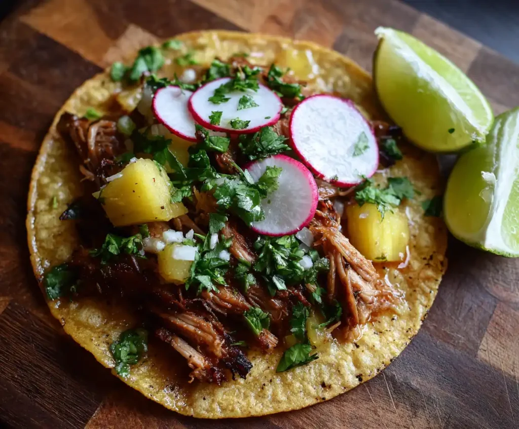 Pork carnitas taco with toppings on corn tortilla
