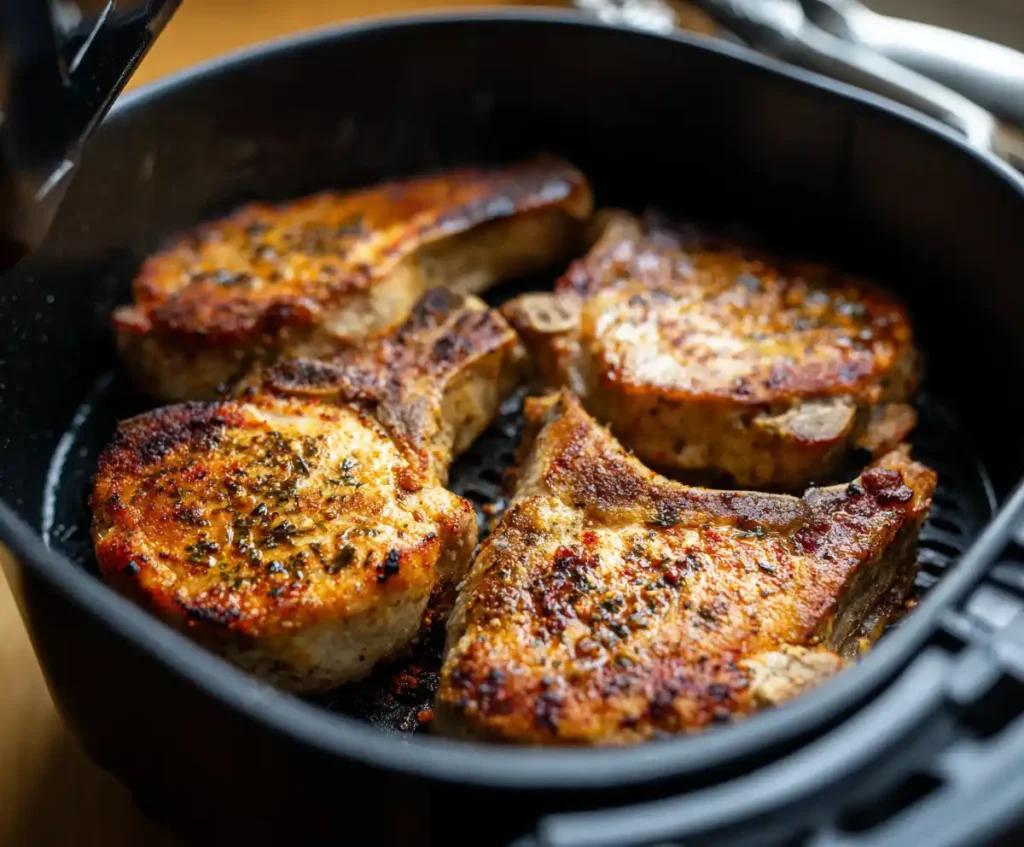 Pork chops halfway cooked in air fryer, starting to crisp