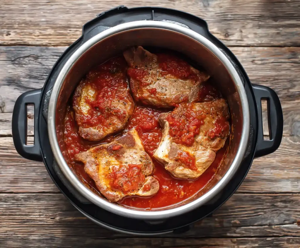 Pork chops placed in tomato sauce inside pressure cooker