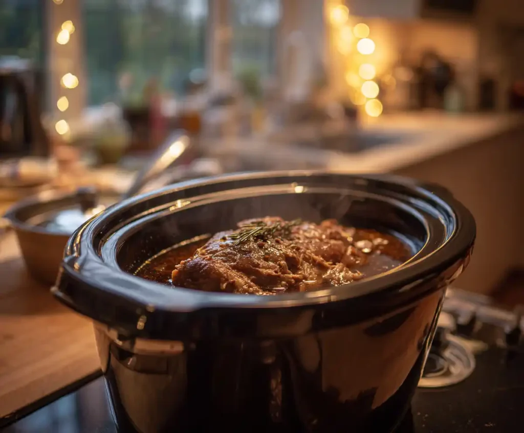 Pork cooking in slow cooker with citrus and spices