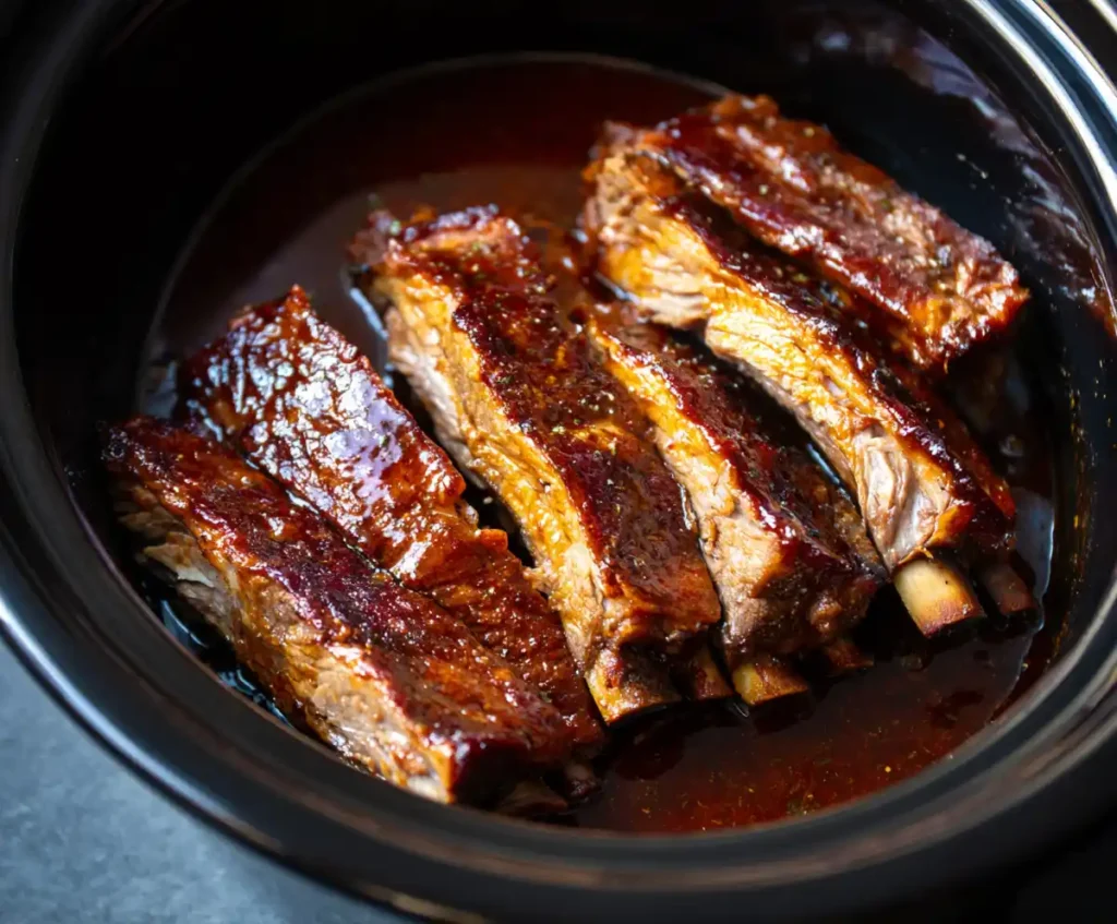 Pork ribs arranged in slow cooker before adding BBQ sauce