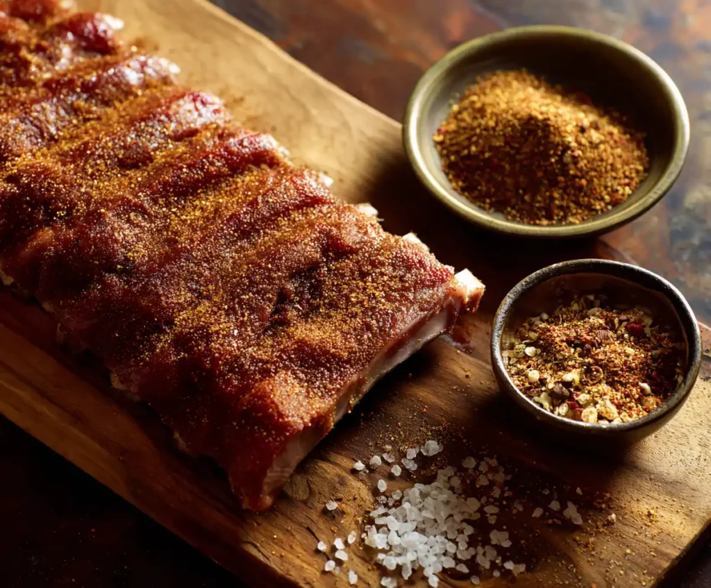 Pork ribs coated with BBQ dry rub for crockpot recipe
