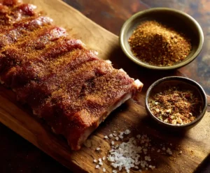 Pork ribs coated with BBQ dry rub for crockpot recipe