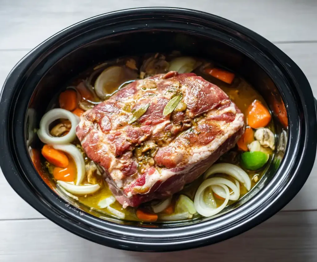 Pork shoulder with onion, garlic, and citrus in slow cooker